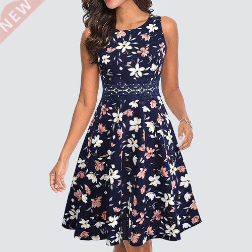 Women Vintage Casual Round Neck A line Summer Elegant Floral