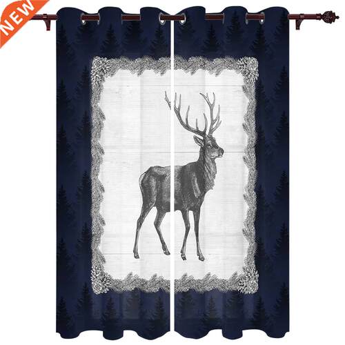Blue Forest Texture Reindeer Wood Grain Window Curtains