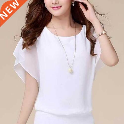 Casual Women Chiffon Blouse Female Solid Short Sleeve Ruffle