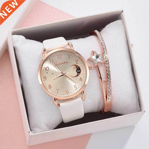 Women Watch Moon Numbers Dial Bracelet Watches Set Ladies Le