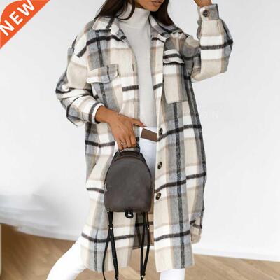2021 Autumn Women Shirt Coat Fashion Plaid Printed Turn Down