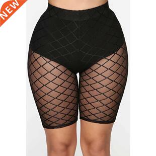 2022 Women Fishnet High Waist Shorts Fashion Mesh Sheer See