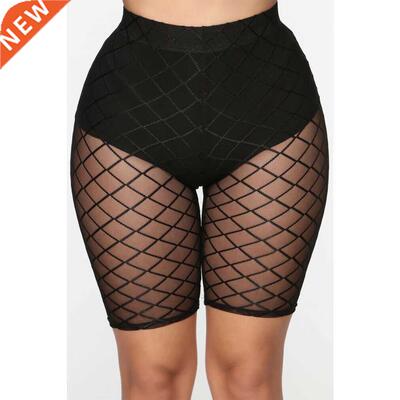 2022 Women Fishnet High Waist Shorts Fashion Mesh Sheer See