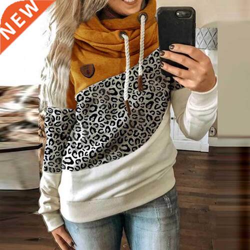 Women Leopard Patchwork Hooded Sweatshirt Autumn Winter Turt