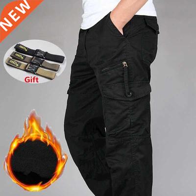 Winter Men's Cargo Pants Double Layer Fleece Warm Thick Mili