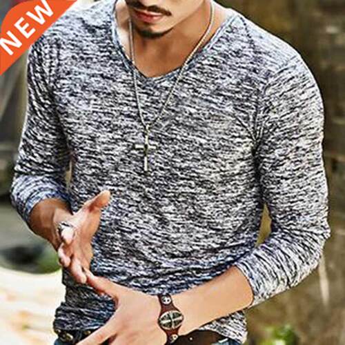 2022 Spring Men Long Sleeve T-shirt V Neck Black T Shirt Top