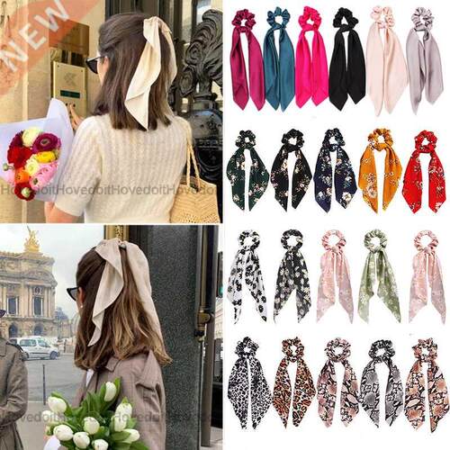 Fashion Solid Color Bow Satin Long Ribbon tail Scarf Hair Ti