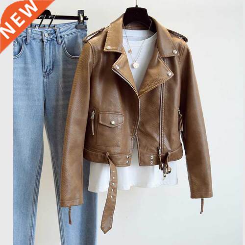New Women Leather Coat Spring Autumn Long Sleeved With Belt