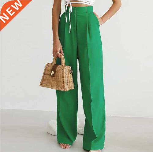 2022 Spring Women's Green High Waist Wide Leg Pants Ladies S