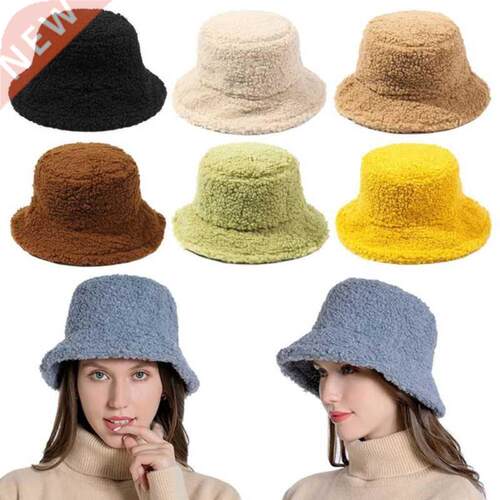 2022 Solid Color Lamb Faux Fur Bucket Hat Winter Warm Teddy
