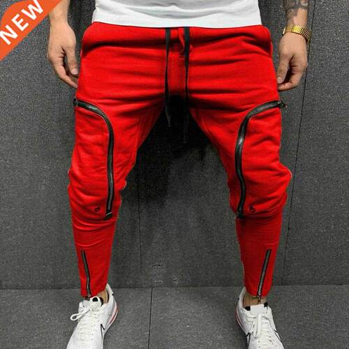 Men Pants Solid Color Drawstring Casual Multi Zippers Pocket