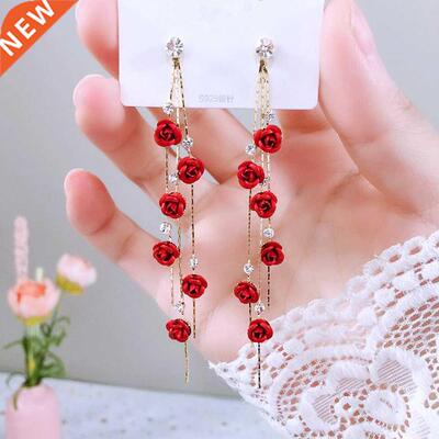 Fashion Rose Petal Drop Earrings for Women Red White Long Ta