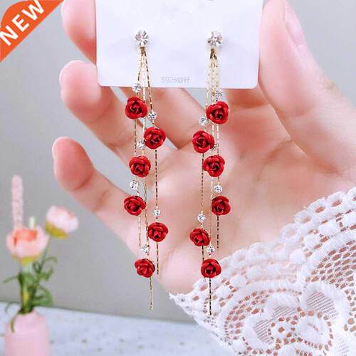 Fashion Rose Petal Drop Earrings for Women Red White Long Ta