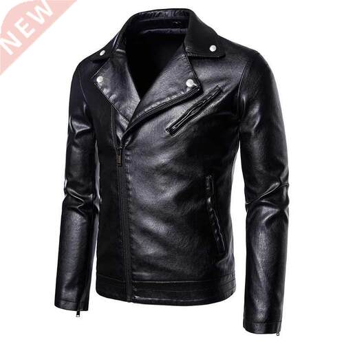 Men's leather jacket/motorcycle lapel oblique zipper Male au