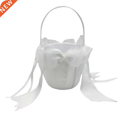 White Satin Wedding Flower Girl Basket Bowknot Decorative