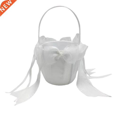 White Satin Wedding Flower Girl Basket Bowknot Decorative