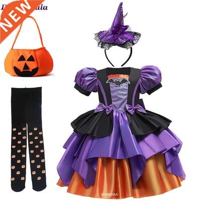 Girls Fancy Pumpkin Halloween Dress Kids Cosplay Bat Print W