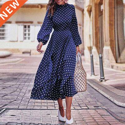 CVYATAYA Boho Lantern Long Sleeves Polka Dot Printed Midi Dr