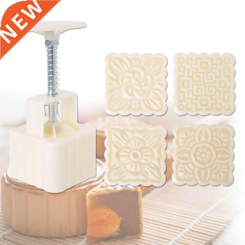 4pcs Square Hand Press Stamp Moon Cake Decor Barrel Mooncake
