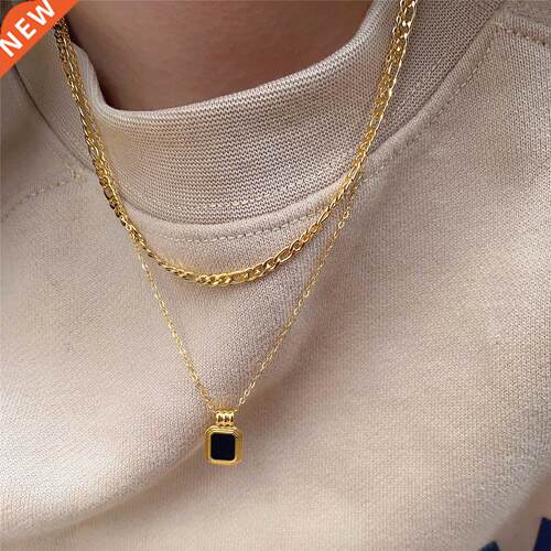 Titanium With 18K Gold Layered Chain Black Stone Necklace Wo