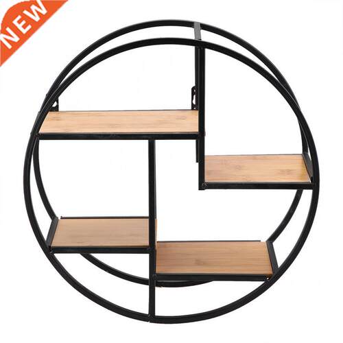 Industrial Style Wood Iron Craft Round Wall Shelf Display Ra