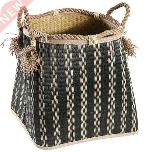 Handmade Woven laundry basket Retro hemp rope handle straw
