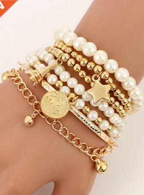 Tocona 6pcs/set Fashion Gold Color Beads Pearl Star Multilay