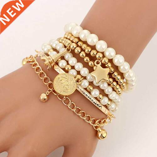 Tocona 6pcs/set Fashion Gold Color Beads Pearl Star Multilay