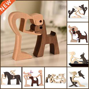 Family Puppy Wood Dog Craft Figurine Desktop Table Ornament