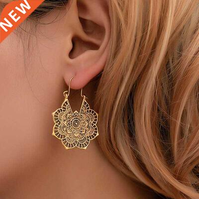 National wind earrings exquisite retro metal hollow flower e