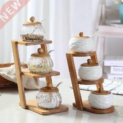 Trapezoidal bamboo shelf glass ceramic tin seasoning box