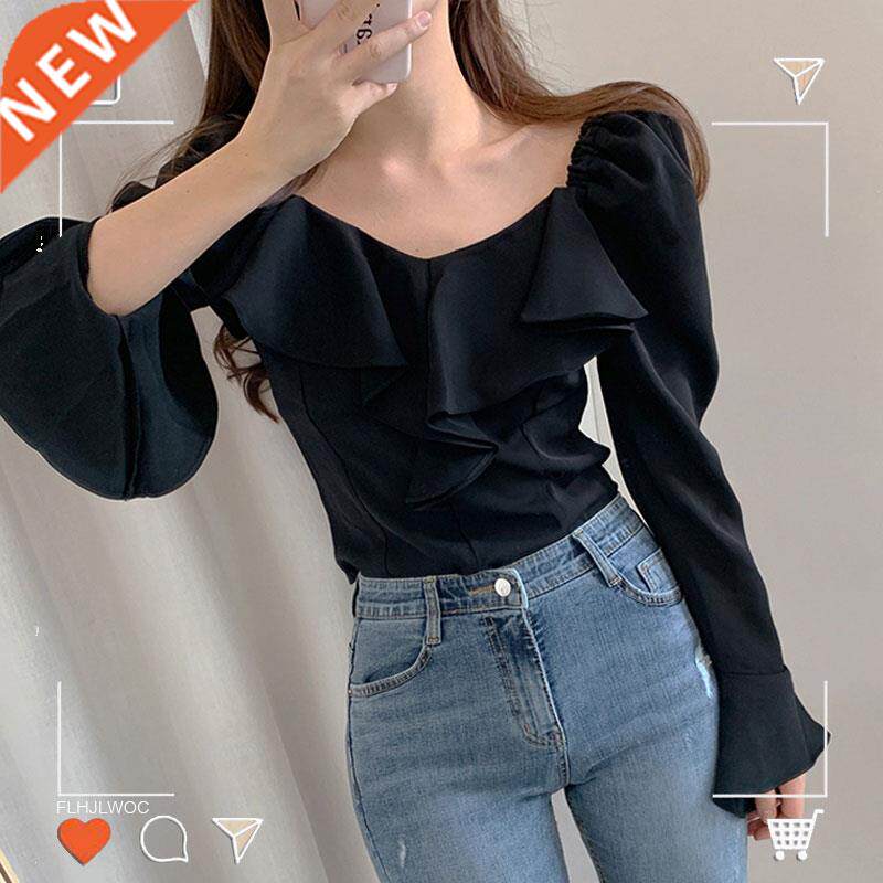 Ruffled Tops And Blouses Autumn Fall Basic Wear Flare Sleeve