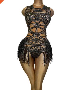 Fashion Tight Fitting Crystal Tassel Nude Dancer Bodysuit Wo