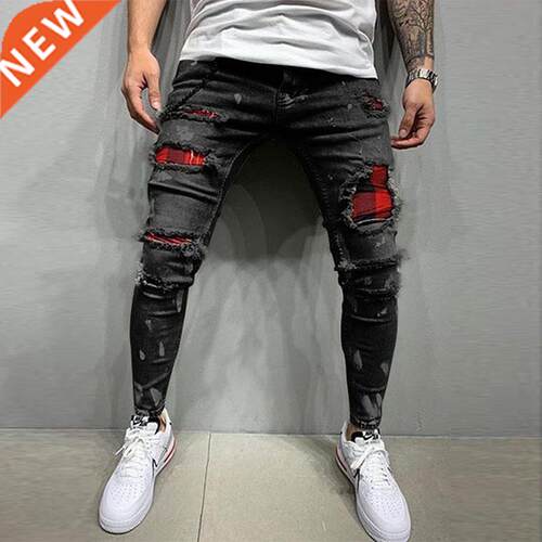 Men Painted Sretch Skinny Jeans Slim Fit Ripped Disressed Pl