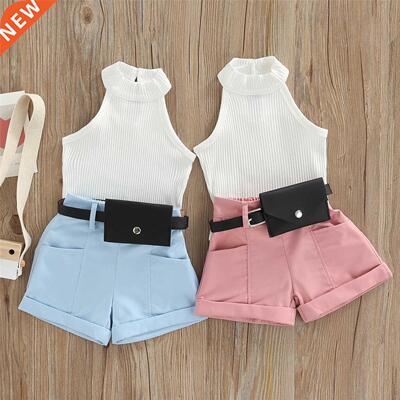 Little Girl Three-Piece Outfits Solid Color Sleeveless Ribbe