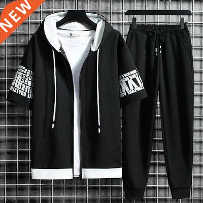 Men's Sets Hooded Zipper Short Sleeve Tops+ Elastic Waist Tr