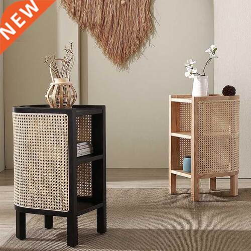 Solid Wood Rattan Bedside Table Japanese-style Side Cabinet