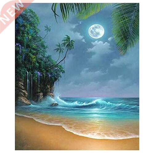5D Diamond Painting Beach Rising Moon Scene Digital Painting
