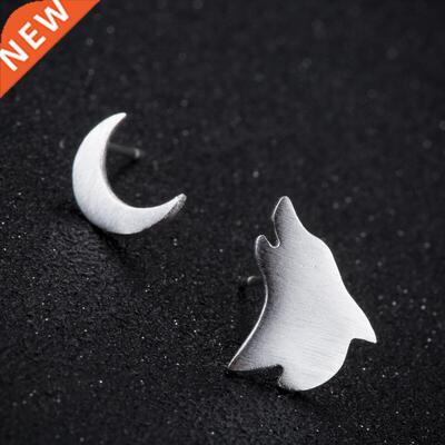 Jisensp Unique Lovely Wolf and Moon Stud Earrings for Women