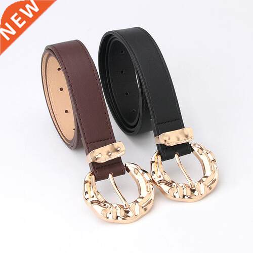 New Round Gold Buckle Pu Belt Women Fashion Shiny Pin Buckle