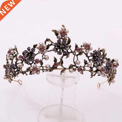 Baroque Vintage Black Purple Crystal Pearls Bridal Tiaras Cr
