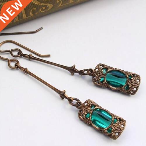 Vintage Green Blue Zircon Rhinestones Long Dangle Earrings f