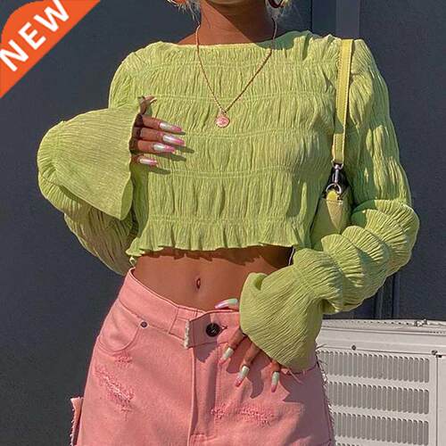 2021 Autumn Women's New Korean Style Pleated Round Neck Long