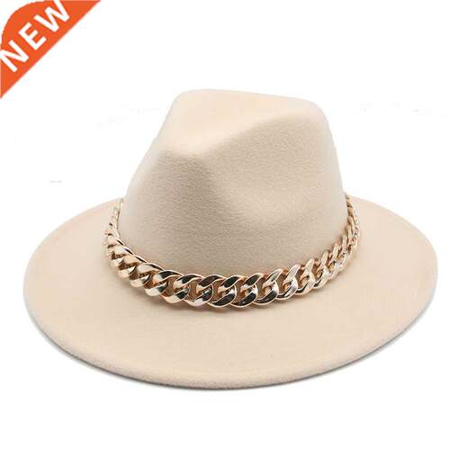 Fedora Hats for Women Men Wide Brim Thick Gold Chain Band Fe