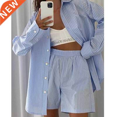 Loung Wear Women's Home Clothes Stripe Long Sve Shirt Top
