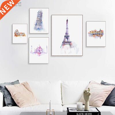 Watercolor World City Paris Rome Eiffel Tower Taj Mahal Pos