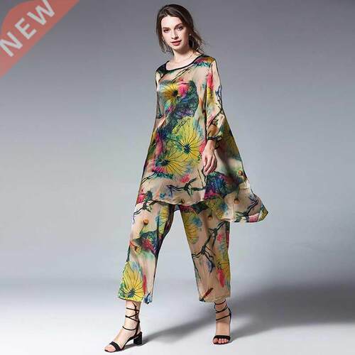 Womens Plus Size Casual Suits Loose Print Silk Lotus Elegant