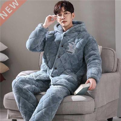 Winter Men Casual Thick Warm Pajamas Set Flannel Long Sleepw