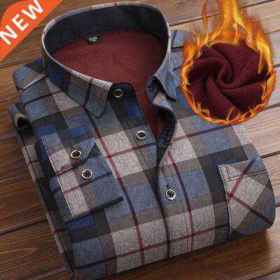 2022 Men Fleece Shirt Autumn Winter Male Long Sleeve Plaid S