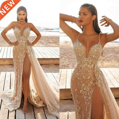 High Split Champagne Mermaid Prom Dresses Spaghetti Straps L